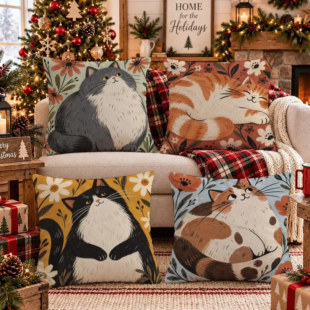 Whimsical Cat Artwork Cushion Cover 1/4PCS Short Plush Pillow Cover Set Soft Decorative Cushion Case for Sofa Bed Home Decor