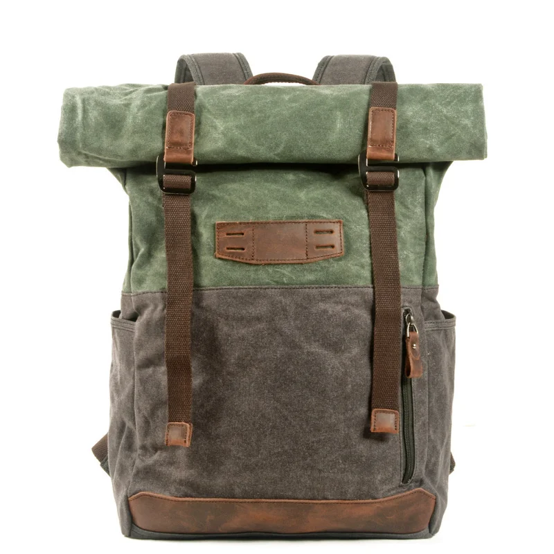 

Retro canvas bag oil-wax canvas color-matched double shoulder bag outdoor hiking trekking, climbing backpack student schoolbag