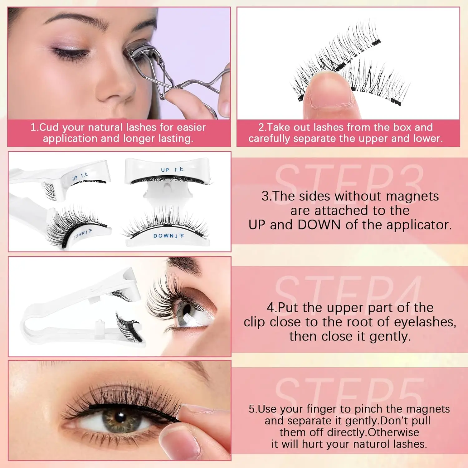 رموش مغناطيسية قابلة لإعادة الاستخدام - لا توجد غراء، ولا حاجة إلى محدد العيون، سهلة الاستخدام والإزالة، رموش ذات مظهر طبيعي مع أداة تطبيق