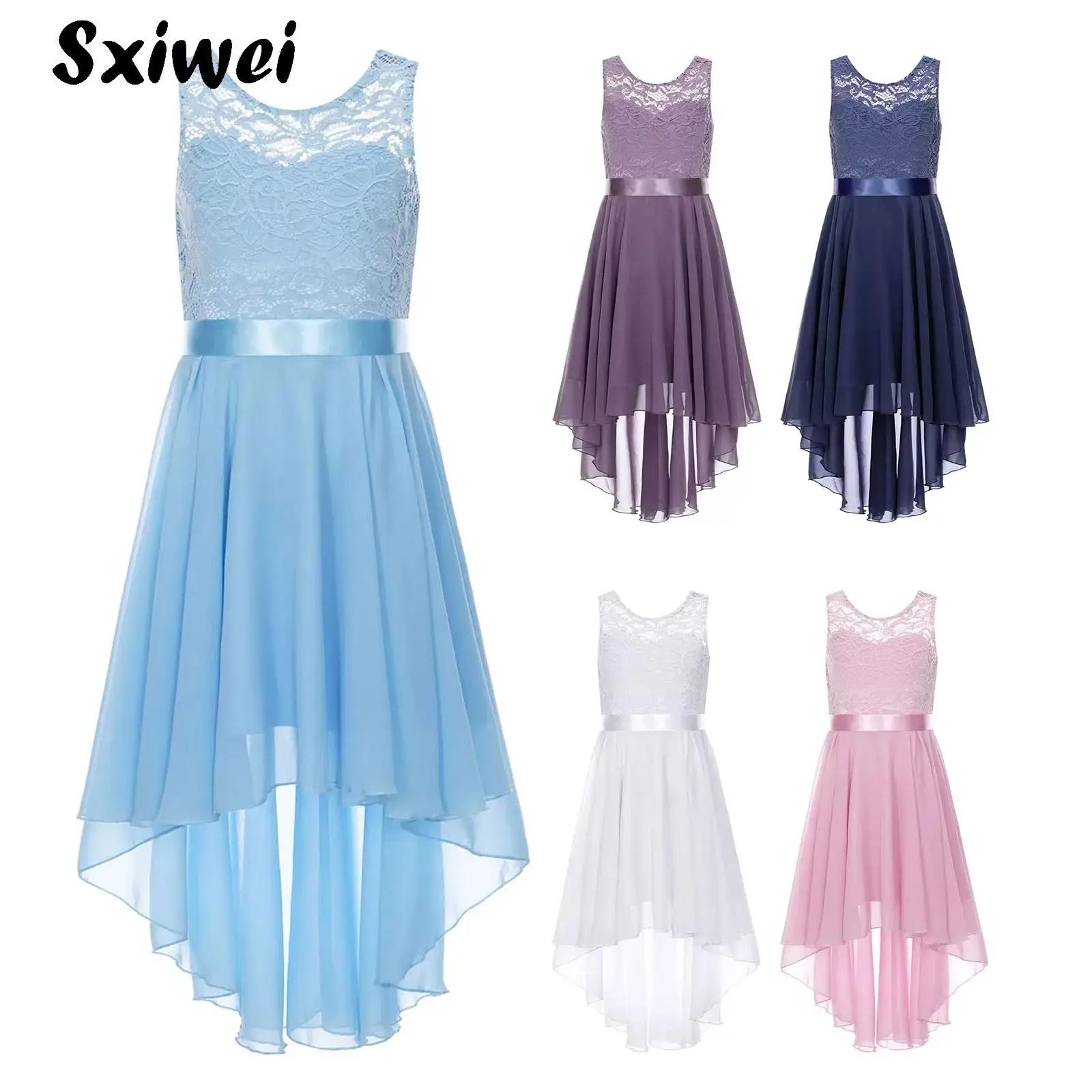 Flower Girls Floral Lace Chiffon Dress Summer Sleeveless High Low Hem Formal Wedding Dress for Bridesmaid Junior Princess