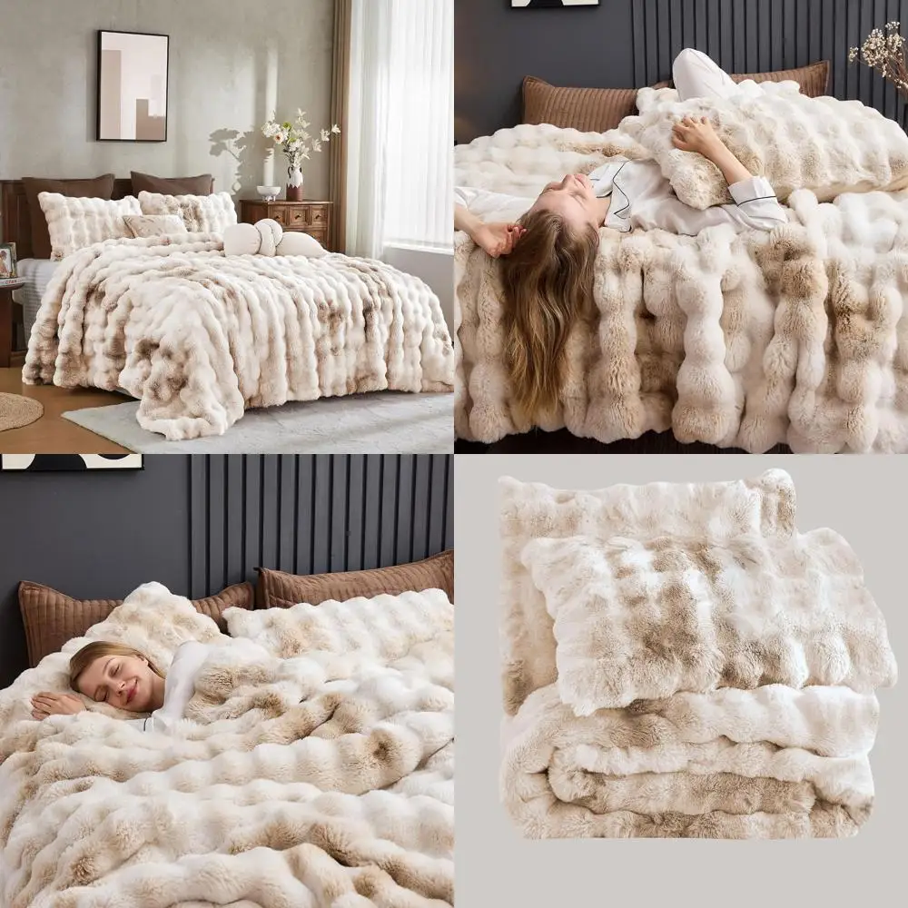 3 Pieces luy aux Rabbit ur Bubble Comorter Set Queen Size, Tie-Dyeing Beige Plush uzzy Bedding Set, Warm Sot Bubble Comorter Bed