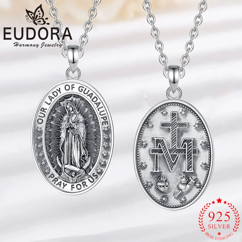 

Eudora 925 Sterling Silver Virgin Mary Necklace Sacred Heart of Jesus Cross Pendant Christian Jewelry Religious Gift For Women