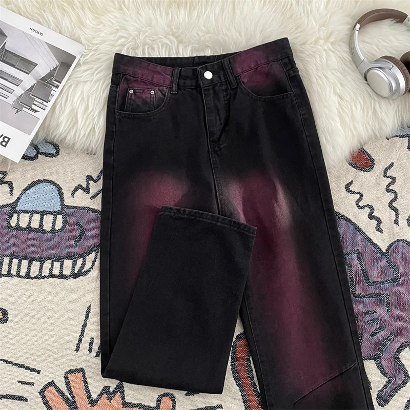 

Loose Straight Leg Men's Jeans Purple Ombre Casual Bla Vintage Street Sle Loose Fit Teenager Summer Faion Trend