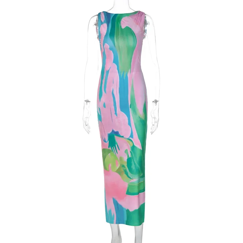 Tie Dye Print Summer Sexy Backless Party Club Birthday Maxi Split Dress Women Y2K Streetwear Sleeveless Bodycon Beach Sundress