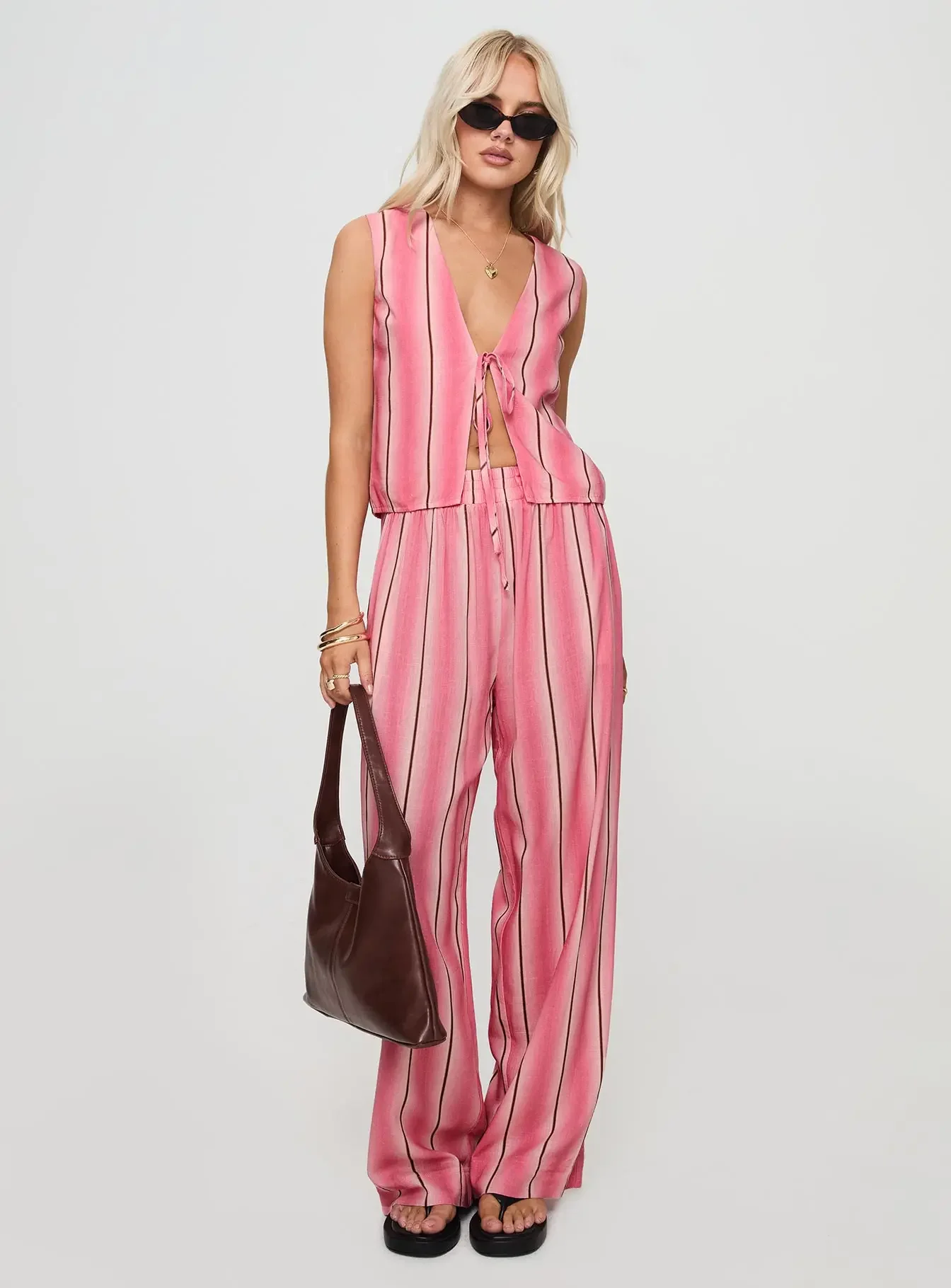 Women's 2 Piece Outfits Striped Sleeveless V Neck Tied-up Tank Tops and Wide Leg Pants Sets Loungewear