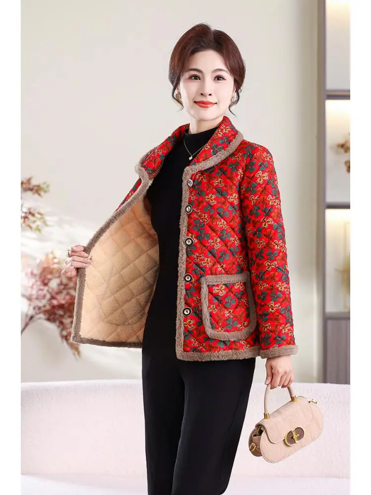 

Winter Plush Jacket Winter Mom's Fashion Loose Thick Cotton Coat For Mid-Aged Women With Velvet printing Parkas