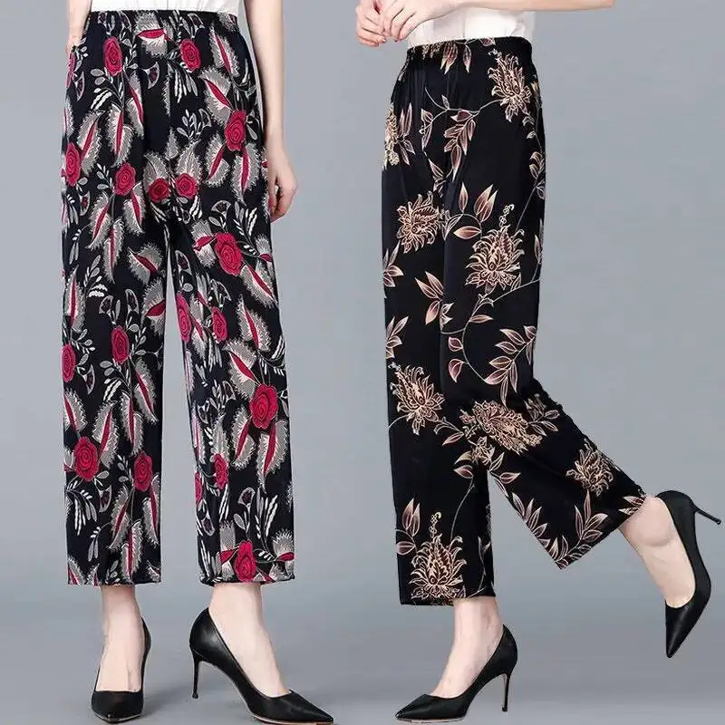 

Middle-aged And Elderly Women's Summer Thin Pants Ladies Elastic Casual Trousers Loose High Waisted Straight-leg Pants For Moms