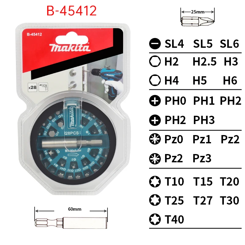 Makita-Juego de cabezales de lote de mango Hexagonal, broca magnética en caja, brocas de destornillador Torx ranuradas, vástago Hexagonal de 6,35mm,