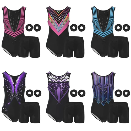 Imagen 2 del producto Leotardos de gimnasia de 4 piezas para niñas, Biketard atlético sin mangas, leotardo con espalda en forma de gota de agua para niños, trajes deportivos para cultivo