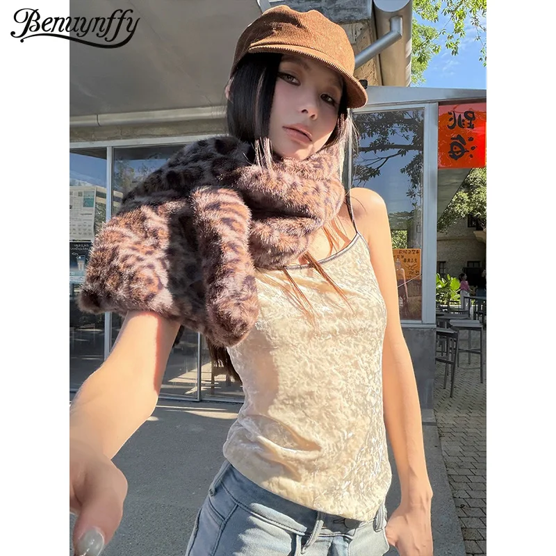 

Benuynffy Leopard Print Velvet Cami Top Women 2025 Autumn Winter New Fashion Y2k Slim Fit Sleeveless Crop Top Female Camisole