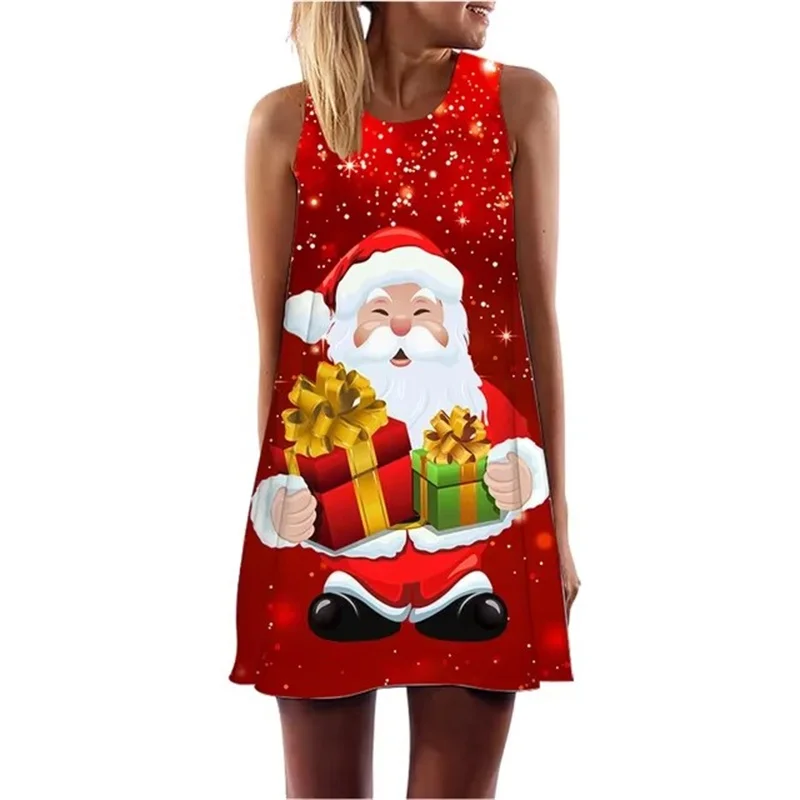 Fashion Christmas Theme Print Women's Dress Santa Claus Sleeveless Dresses Snowman Mini Dress For Female Loose Casual Vestidos