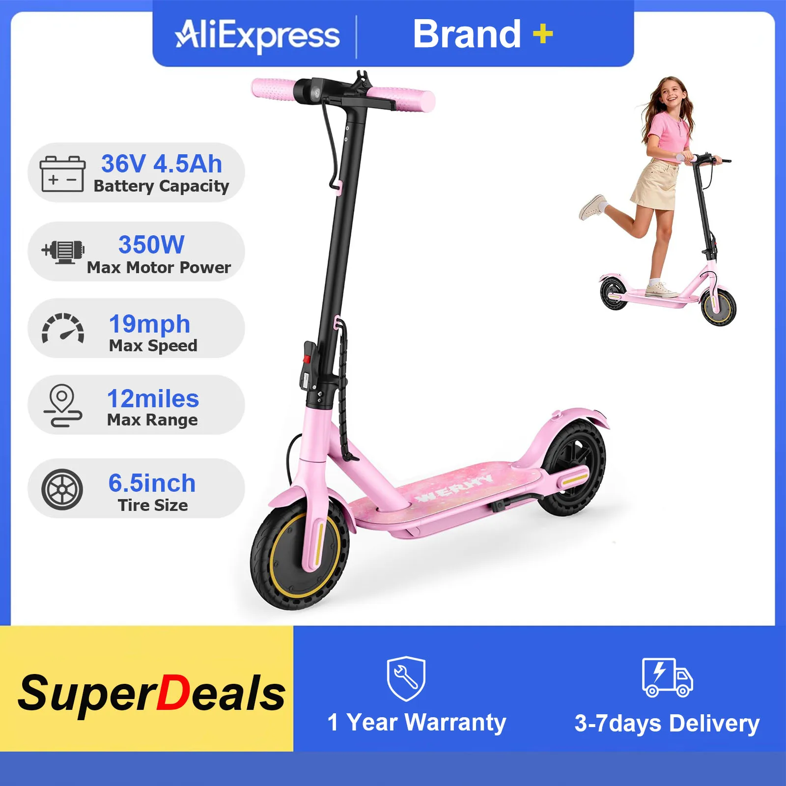 6.5 inch Electric Scooter for Children, 350W Motor, Max 12 Miles Range Lightweight Foldable Scooter with Smart APP Control for Christmas & New Year Gift