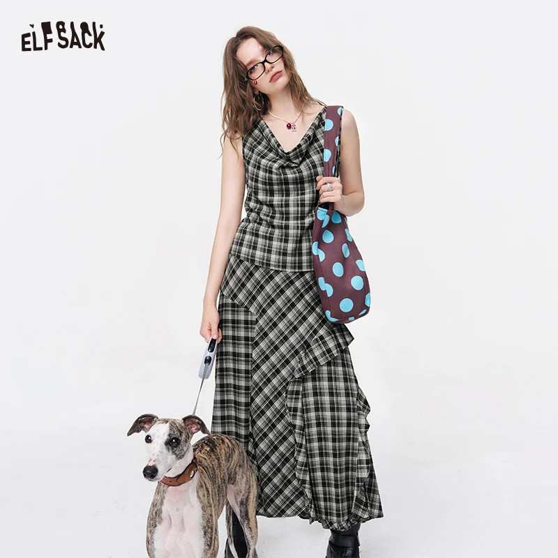 

ELFSACK Women's Plaid 2-Piece Set, Cowl Neck Sleeveless Top & Asymmetric Ruffle Skirt Outfit, Casual Vintage Co-ord for Summer