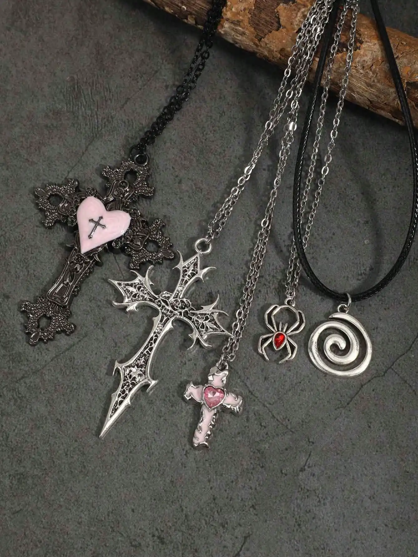 5pcs/Set Vintage Gothic Cross, Thorn Rose, Heart, Melting Cross, Star Rhinestone, Spider, Spiral Pendant Necklace Set For Women