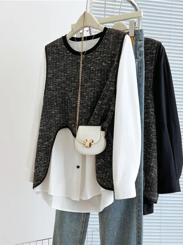 

Casual Oversized Long Sve round Ne irt Design Sense Asymmetrical Patchwork False Two-Piece Large Size Women's Top