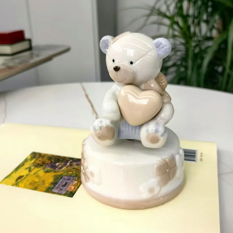 Pastel Ceramic Teddy Bear Rotating Music Box, Floral Base Cute Animal Figurine Girls Bedroom Table Decor Gift