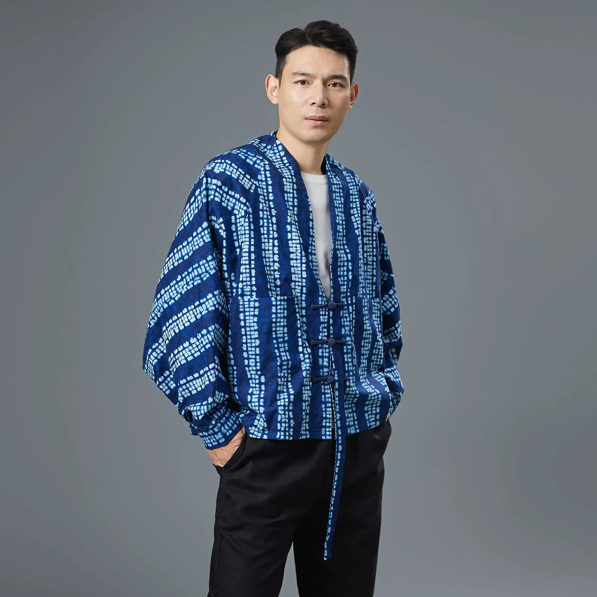

Fall Winter Coat Cloth Tie-Dyed Ribbon Double-Layer Top Handmade Buttonhole Loop Vintage Cardigan Coat