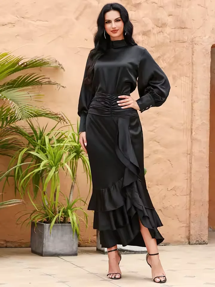 

2PCS Women Satin Long Sleeve Tops Ruffles Bodycon Maxi Skirt Set Dubai Turkey Dress Muslim Abaya Islamic Robe Kaftan Outfits