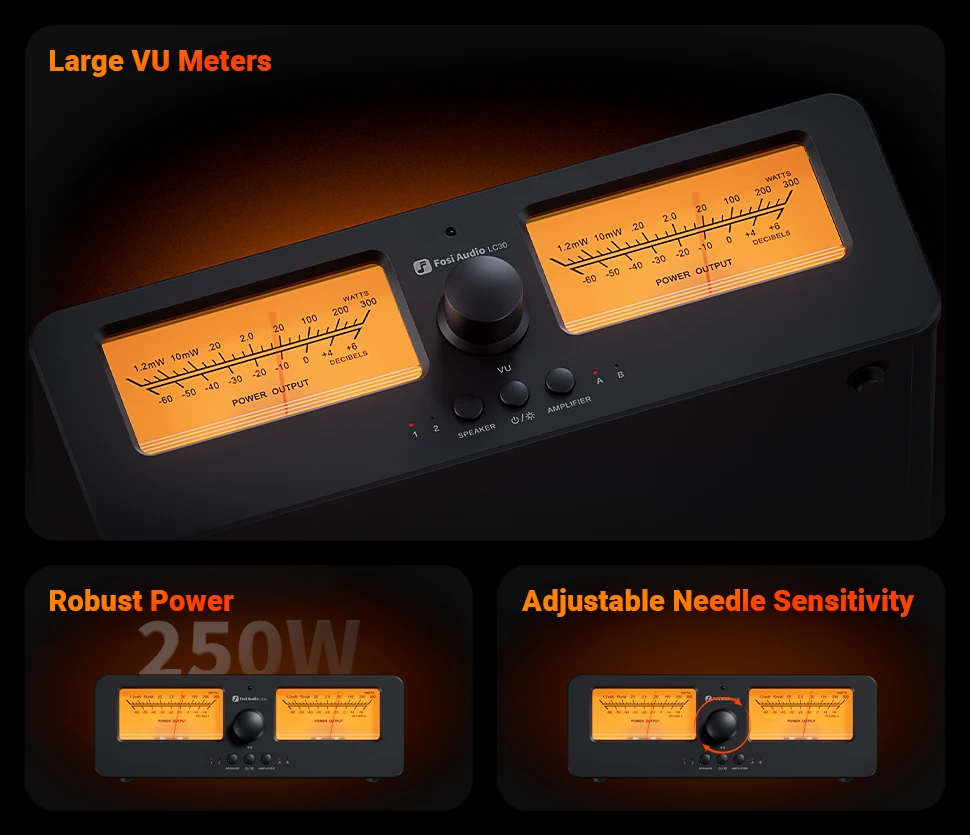Fosi Audio LC30 Verstärker Lautsprecher Umschalter 2-in-2 Out Dual Analog VU Meter Audio Umschalter Box mit DB Panel Display mit Fernbedienung – Detail 3