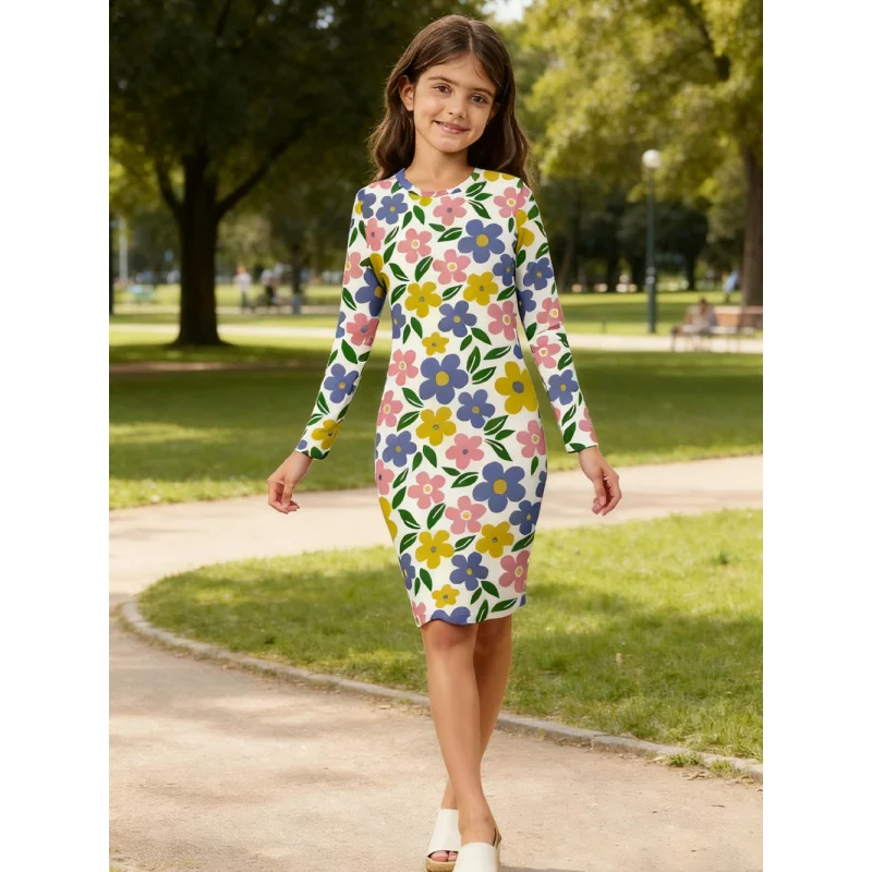2025 Girls Floral Print Skinny Long Sleeve Medium Long Dress - Cute Casual Kids Party Dress