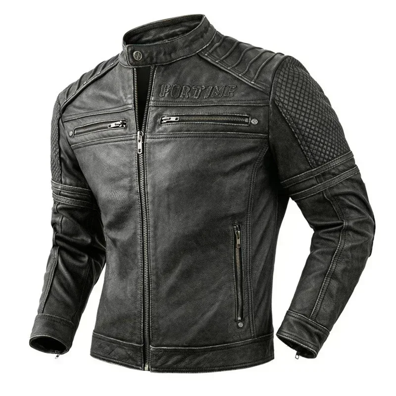 Vintage Mens Leather Jacket Motorcycle Coat Biker Autumn Fashion Real