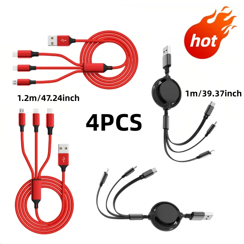 

4pcs 3-in-1 Red Nylon Braided +3-in-1 Black Retractable USB Fast Charging Cable,For Iphone Samsung Huawei Xiaomi