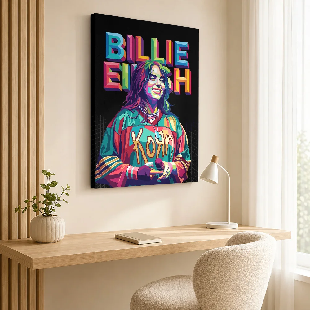 Billie Eilish Portrait Framed Canvas Print Customized Photo Geometric Color Blocking Wall Art For Record Shop Listening Area