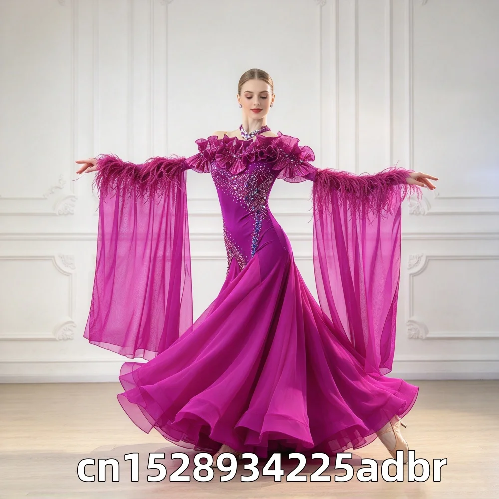 Customized Chiffon Modern Dance Competition Dress, Ballroom Dance Waltz Performance Dress, Ballroom Dance Dress, Feather Sleeves