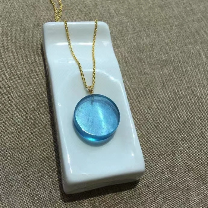 Natural Blue Aquamarine Quartz Pendant Round Jewelry 18K gold 20.5*6mm Blue Aquamarine Oval Necklace AAAAA