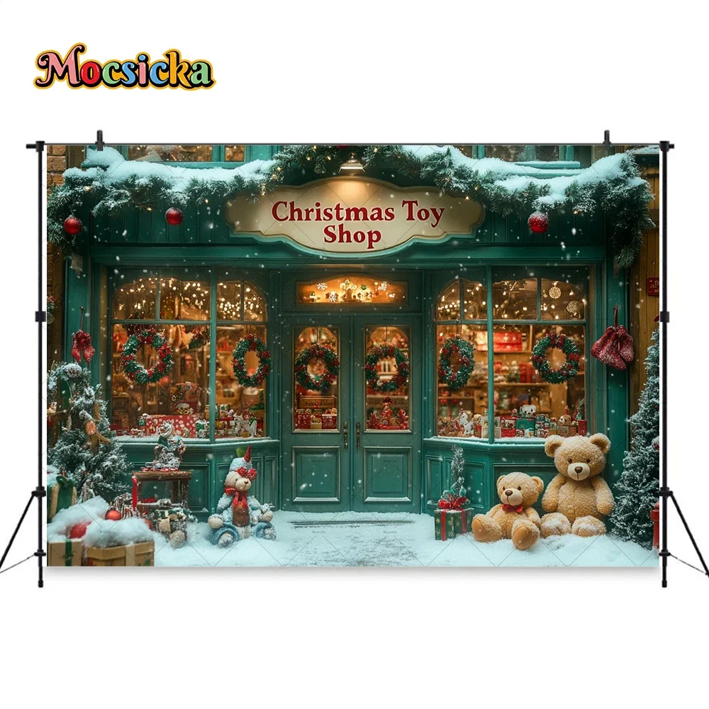 Fond de photographie de magasin de Noël vert, décor de toile de fond scintillant, atelier de cadeaux du Père Noël, ours jouet, hiver, neige, studio photo pour enfants