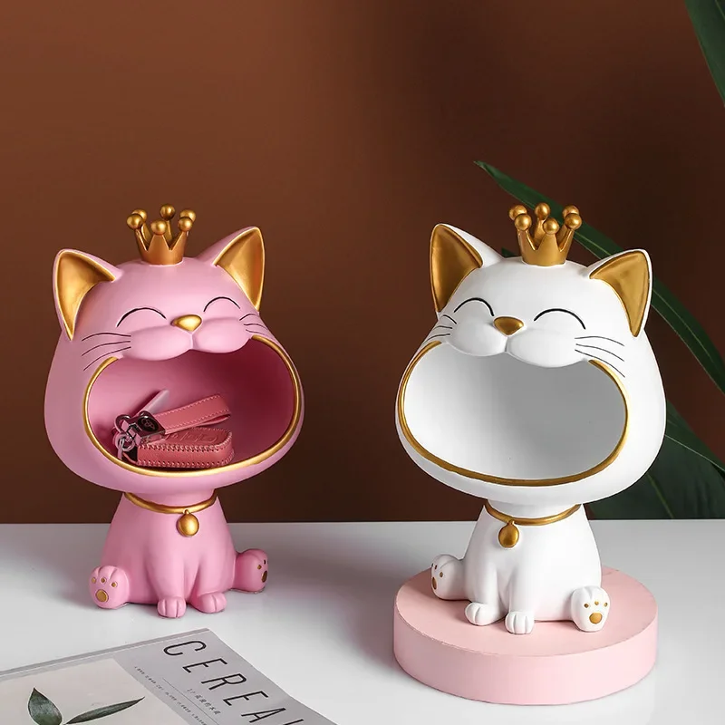 Resin Lucky Big Mouth Cat Storage Box Figurine Home Decor Sculpture Modern Art Ornamental Candy Storage Accessories
