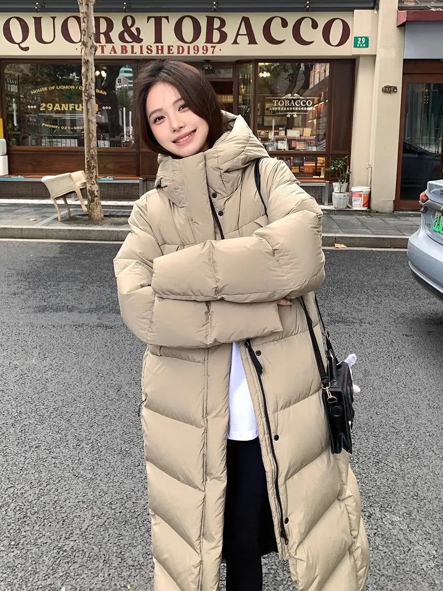 

Winter New Women's Down Jacket Long Loose Windproof Hood Thickened and Warm Commuting White Duck Down Jacket