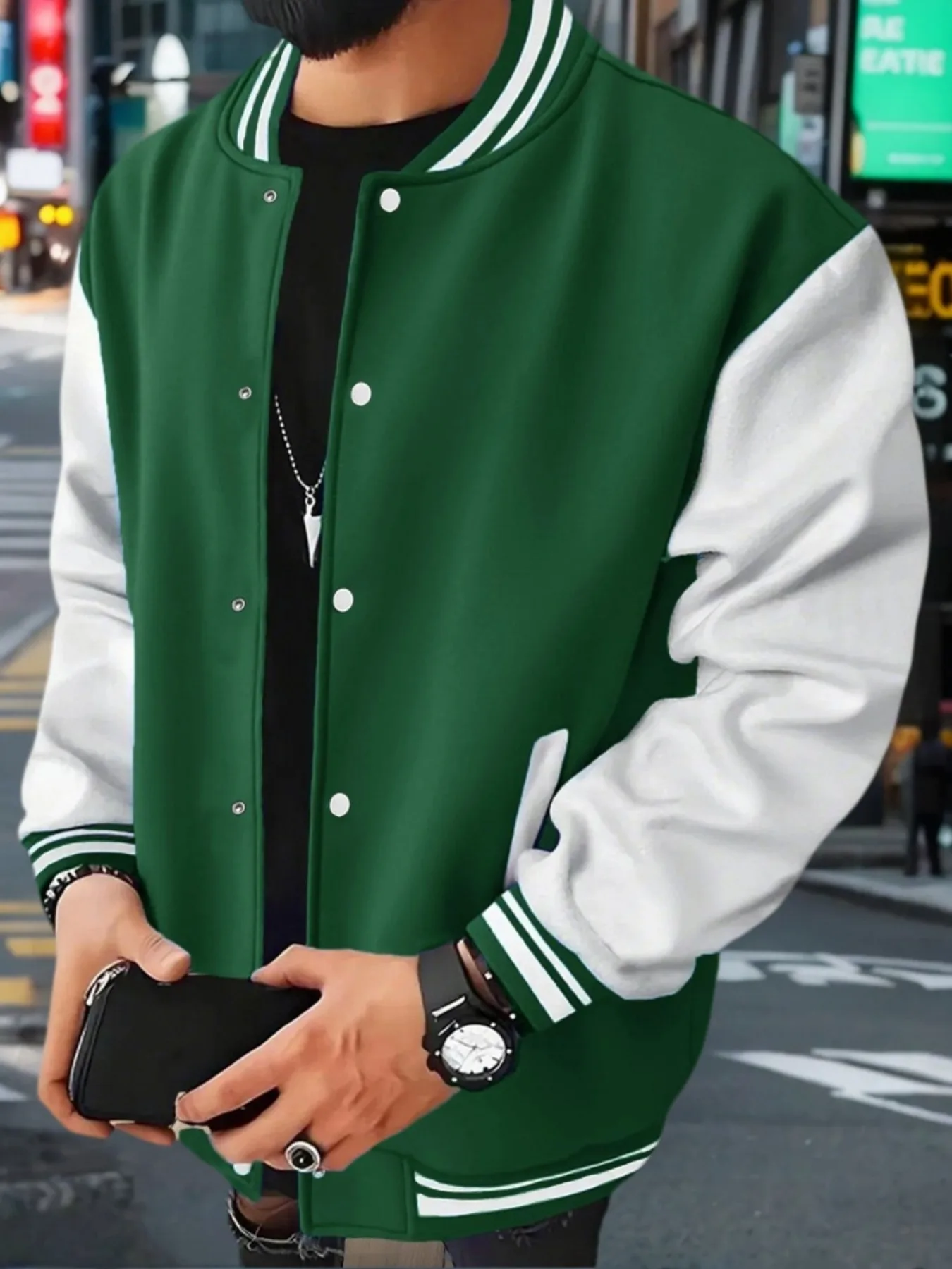 Winter Men's Varsity Jacket Baseball Jacket Color Block Bomber Coat Snap Button Casual Streetwear Long Sleeve Outwear