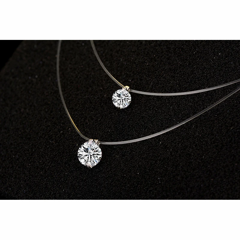 925 Sterling Silver Color Dazzling Zircon Necklace Invisible Transparent Fishing Line Pendant Chokers Collar Jewelry For Women