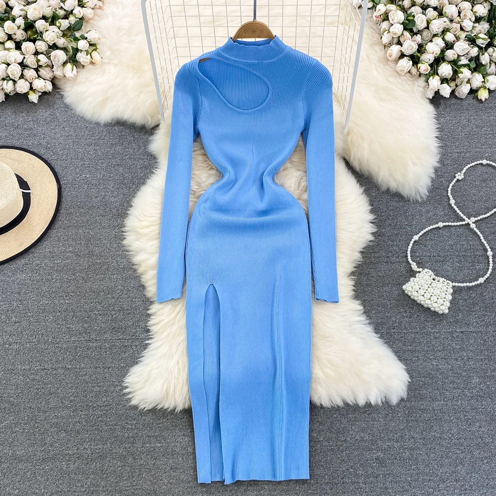 Women Chic Elegant Hollow Out Long Sleeve Split Bodycon Dress Sexy Fashion Knit Vestidos Elastic Slim Hip Wrap Sweater Dress