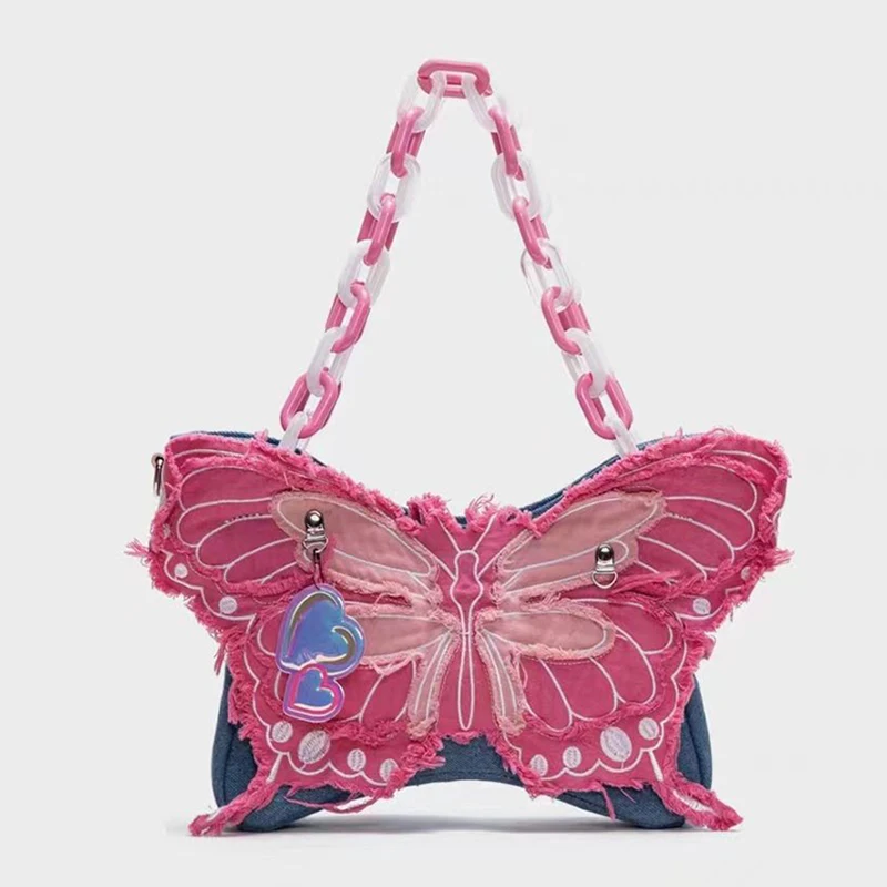 Original Handbag Denim Butterfly Contrast Color Design Shoulder Bag Women Armpit Bag Irregular Acrylic Chain Girls Crossbody Bag