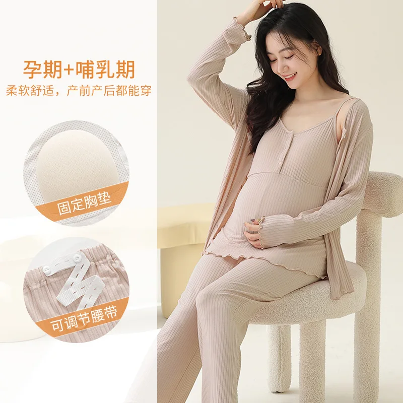 Modal Maternity Nursing Robe Set 3 Piece Postpartum Breastfeeding Pajamas with Chest Pads Hospital Labor Delivery Pregnancy Pjs view 3