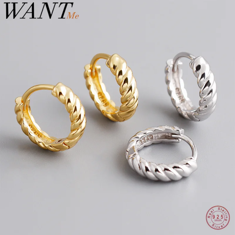 WANTME 925 Sterling Silver Fashion Simple Twist Huggies Ear Buckle for Women Statement Gold Men's Piercing Hoop Earring Jewelry