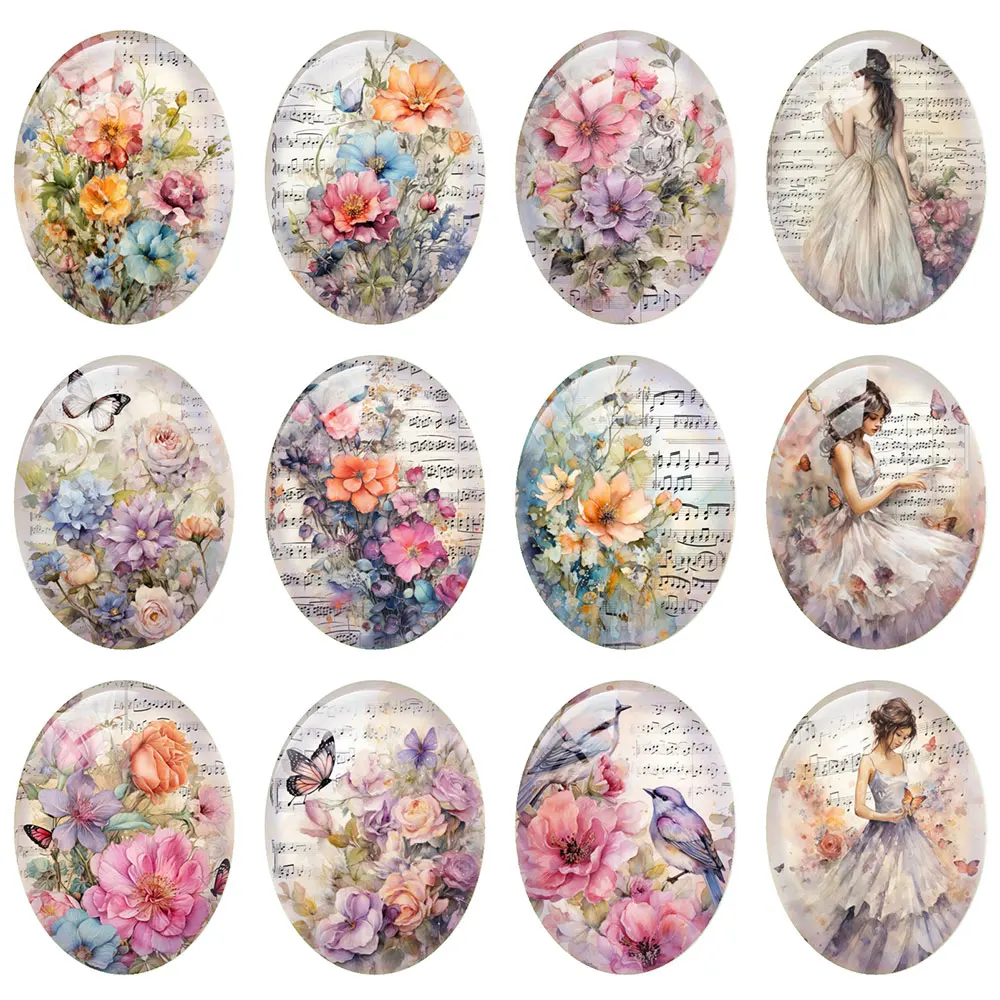 10pcs/lot Flower Girl Bird Butterflies Oval Photo Glass Cabochon Flatback Demo Flat Back Cameo For Diy Jewelry Making Supplies