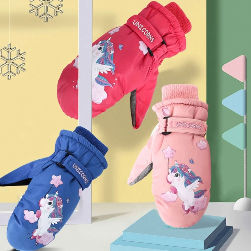 Guantes cálidos invierno con estampado unicornio dibujos animados para niños 2 a 5 años, guantes nieve a prueba