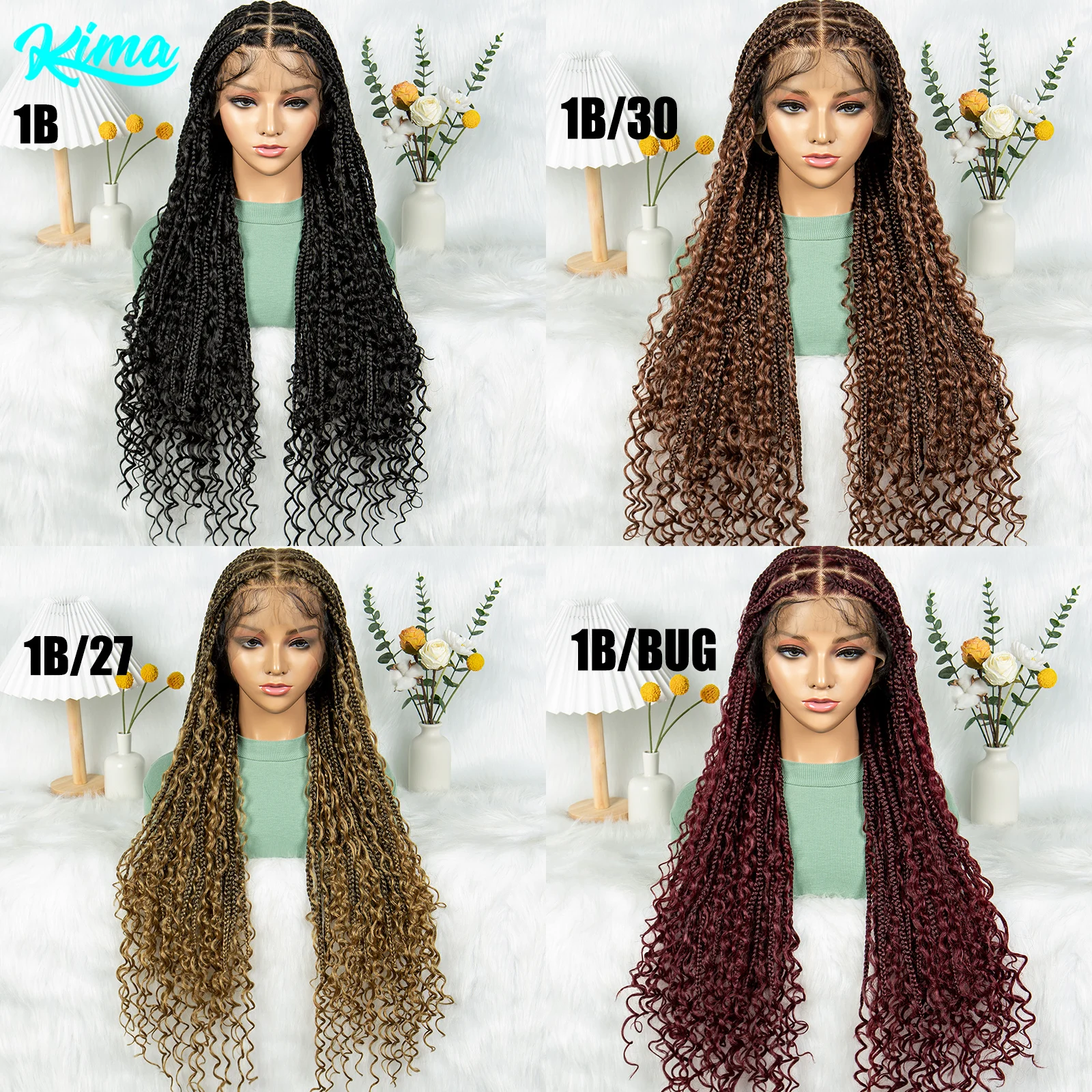 KIMA Braided Wigs Transparent Full Lace Goddess Braids Wigs 34 inch Burgundy Boho Knotless Braids With Baby Hair for Black Women