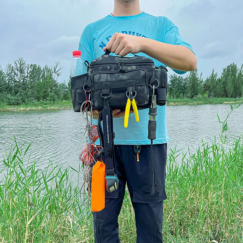 Fishing Tackle tas bahu penyimpanan portabel, tas pancing pemegang joran olahraga luar ruangan multifungsi tas pinggang tas umpan