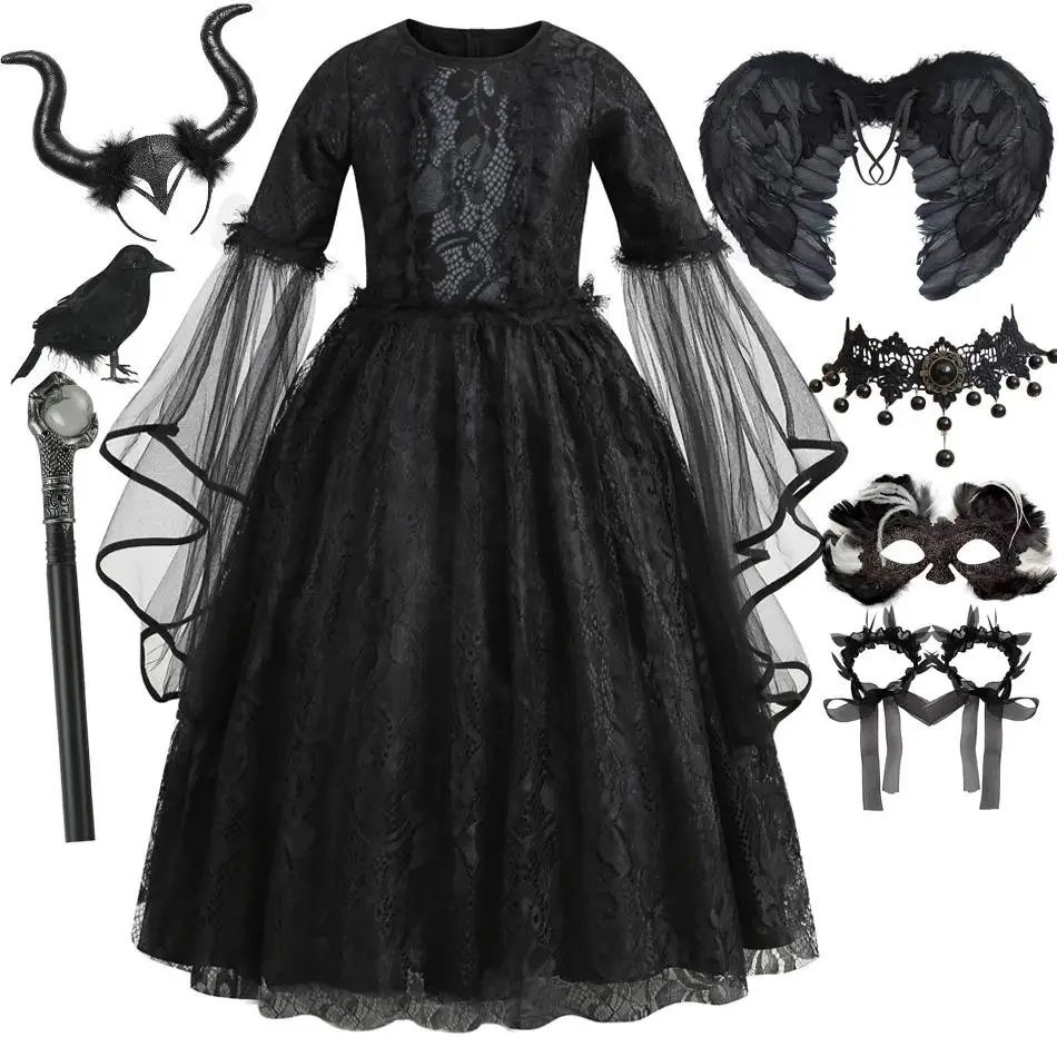 

Halloween Costume Ghost Bride Dress Girls Cosplay Evil Queen Black Mesh Princess Dress Kids Crow Wand Dark Witch