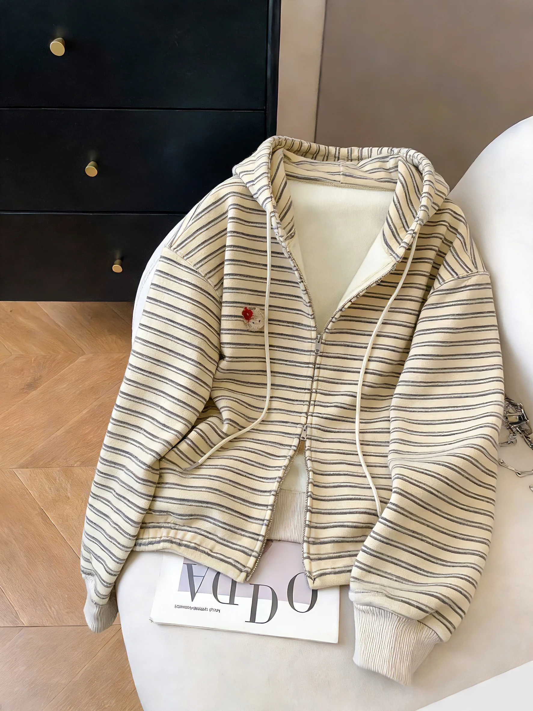 

Retro Japanese Sle Hoodie Women's Spring Autumn Loose Fit Zipper Cardigan Striped Color Blo Casual Long Sve Sweatirt
