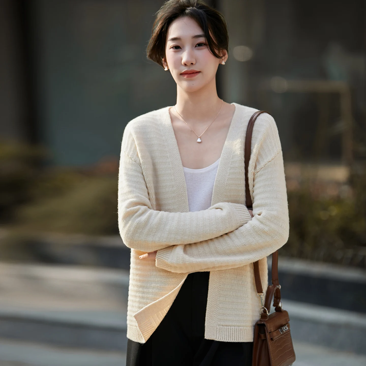 نموذج جديد سترة بدون أزرار المرأة الحياكة نقية ميرينو رداء علوي من الصوف طوق أنيق تصميم موجة نمط عالية الجودة فضفاض القمم #3