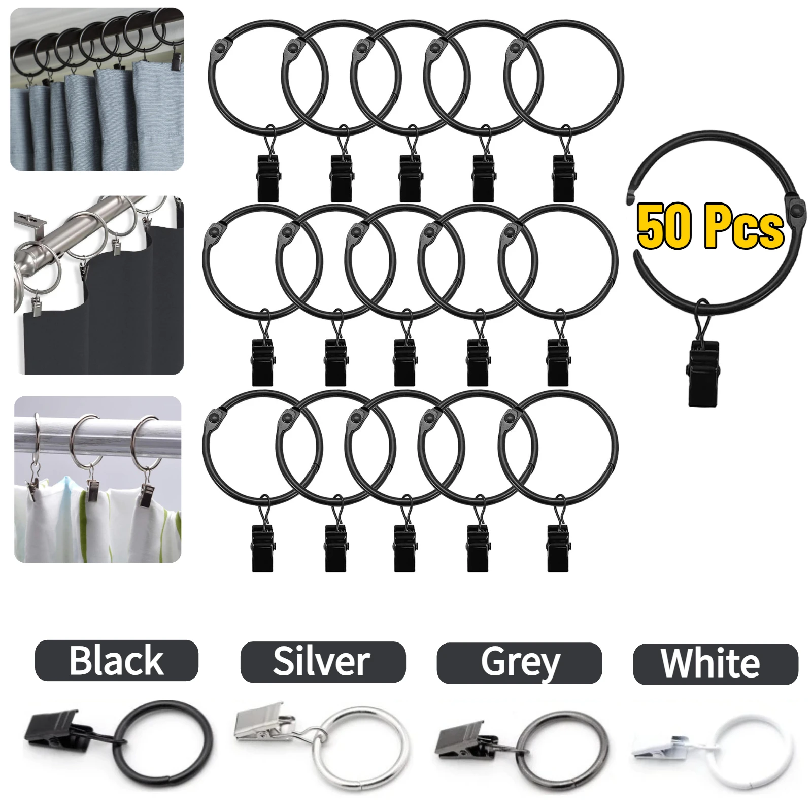 50 Pcs Curtain Rings with Clips 25/32/35/38/50mm Diameter White/Grey/Black/Silver Use for Rods Hanging Drapery Drapes Bows