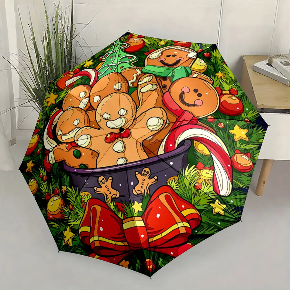 Festive Gingerbread & Candy Cane Umbrella Design Compact Fashion Folding Umbrella for Daily Use, Christmas Gift