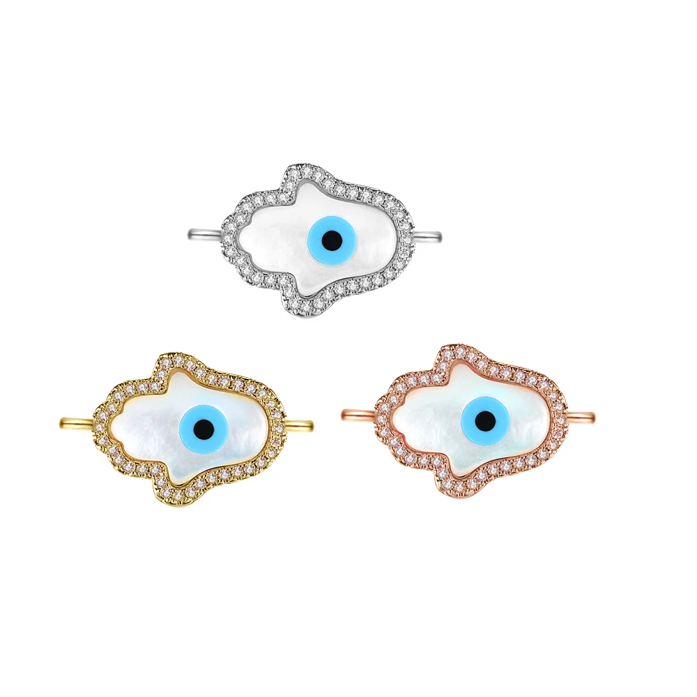 White Shell AAA CZ Stones Hamsa Hand Of Fatima Evil Eye Charm Connector For Jewelry Makings Cubic Zirconia Crystal  Accessories