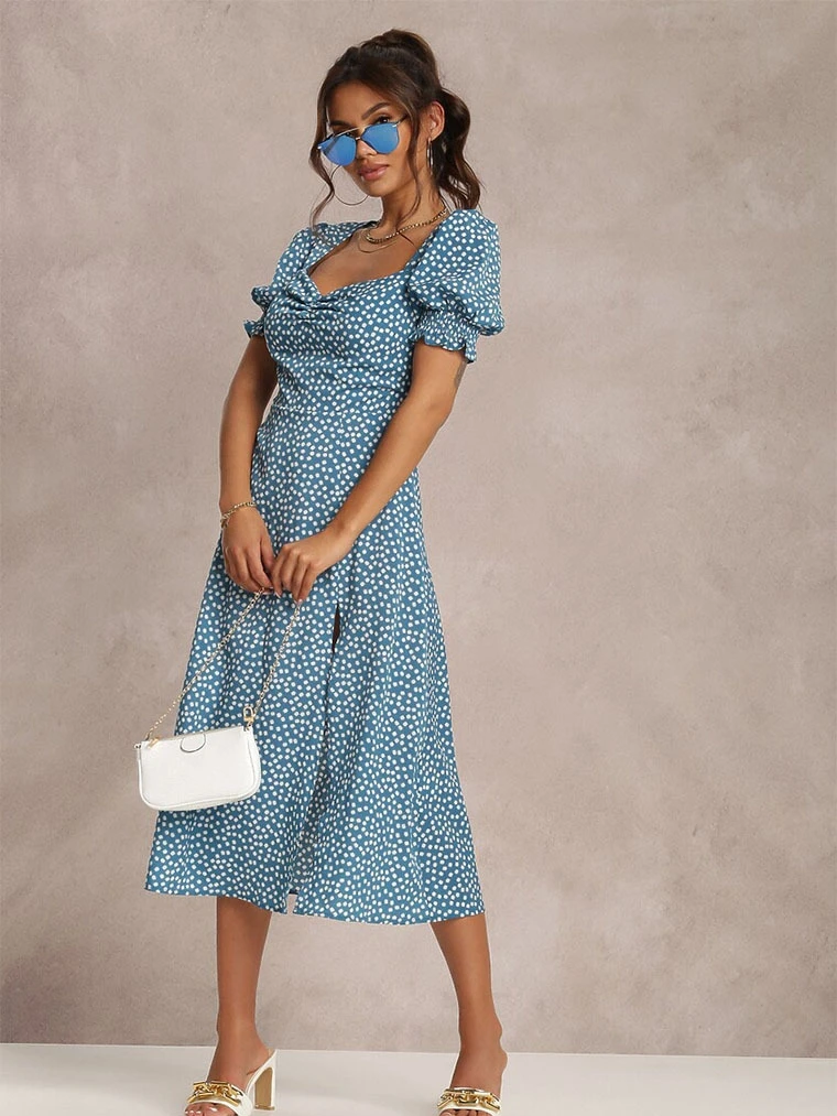 فستان صيفي قصير بياقة مربعة وشق جانبي، تصميم زهري عادي، تنورة قصيرة للنساء، مصنوع من ألياف البوليستر، خصر متوسط، قصة A-line، ...