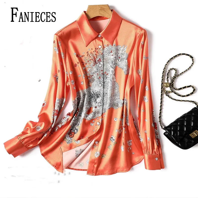 FANIECES S-4XL High Quality Luxury Office Lady Satin Shirts Women Autumn Elegant Lapel Plus Size Long Sleeve Blouses Silk Tops